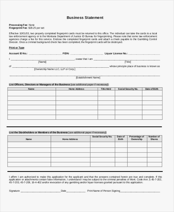 Printable Background Check Forms Business Statement Form Primary