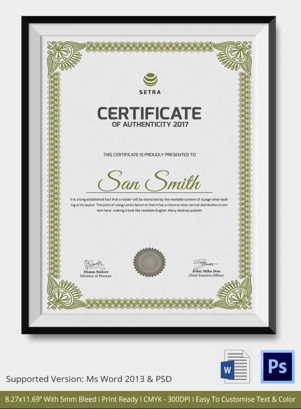 Printable Certificate Of Authenticity Zrom Tk Template Microsoft Word