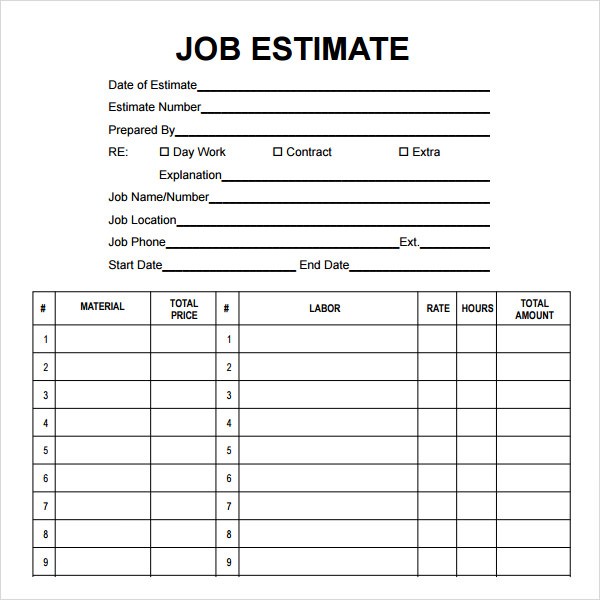 Printable Construction Estimate Template Com Job Sheet