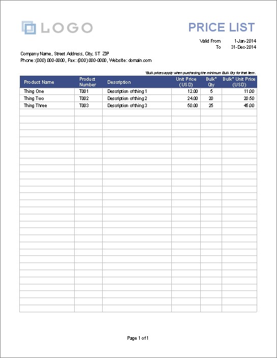 Printable Price List Template For Excel