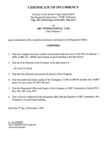 Printable Sample Certificate Of Incumbency Form Laywers Template Free