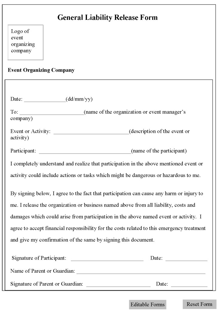 Printable Sample Release And Waiver Of Liability Agreement Form General Example