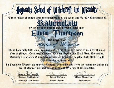 Ravenclaw House Personalized Harry Potter Diploma Hogwarts