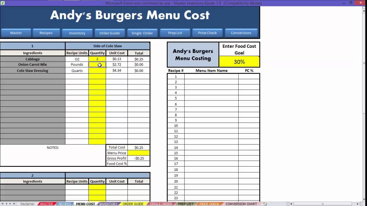 Restaurant Excel How To Menu Costing Youtube Example Of Food Cost