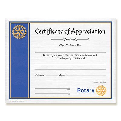 Rotary CUSTOMIZED Certificate Of Appreciation Club Supplies