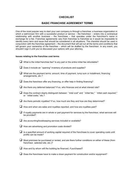 Royalty Agreement Terms Checklist Basic Franchise Financing