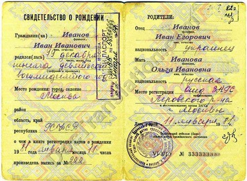 Russian Certified Translation Of Soviet Birth Certificate 19 95