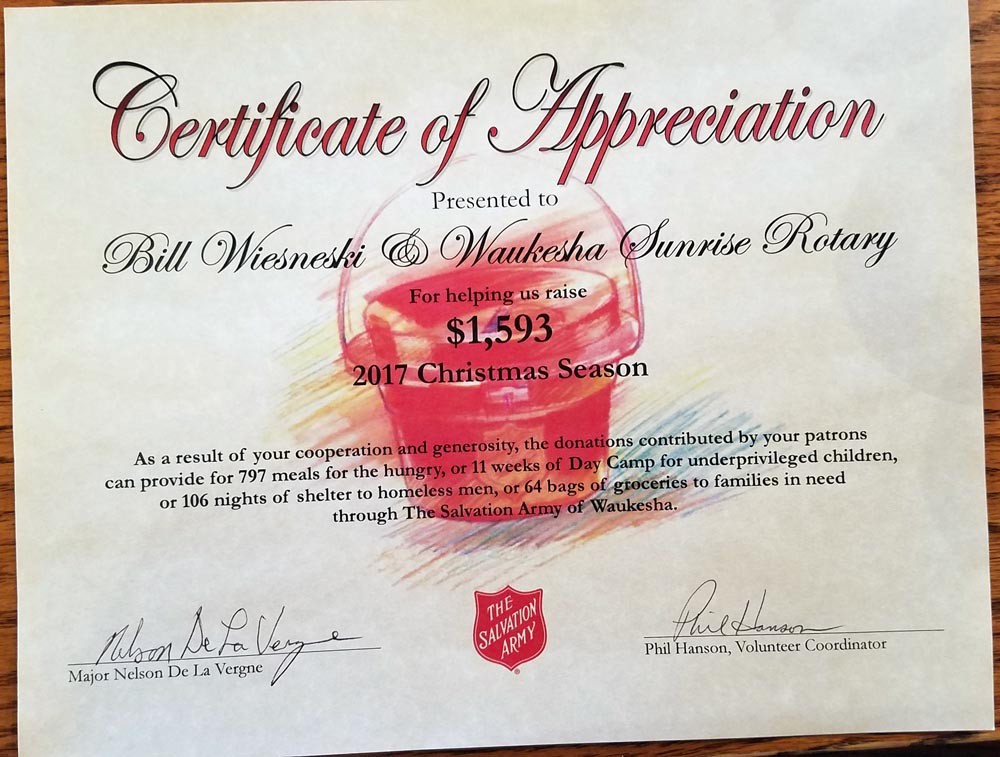 Salvation Army Certificate Of Appreciation Rotary Club Waukesha