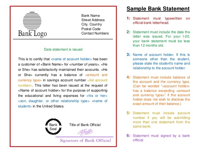 Sample Bank Statement Template To Study In USA