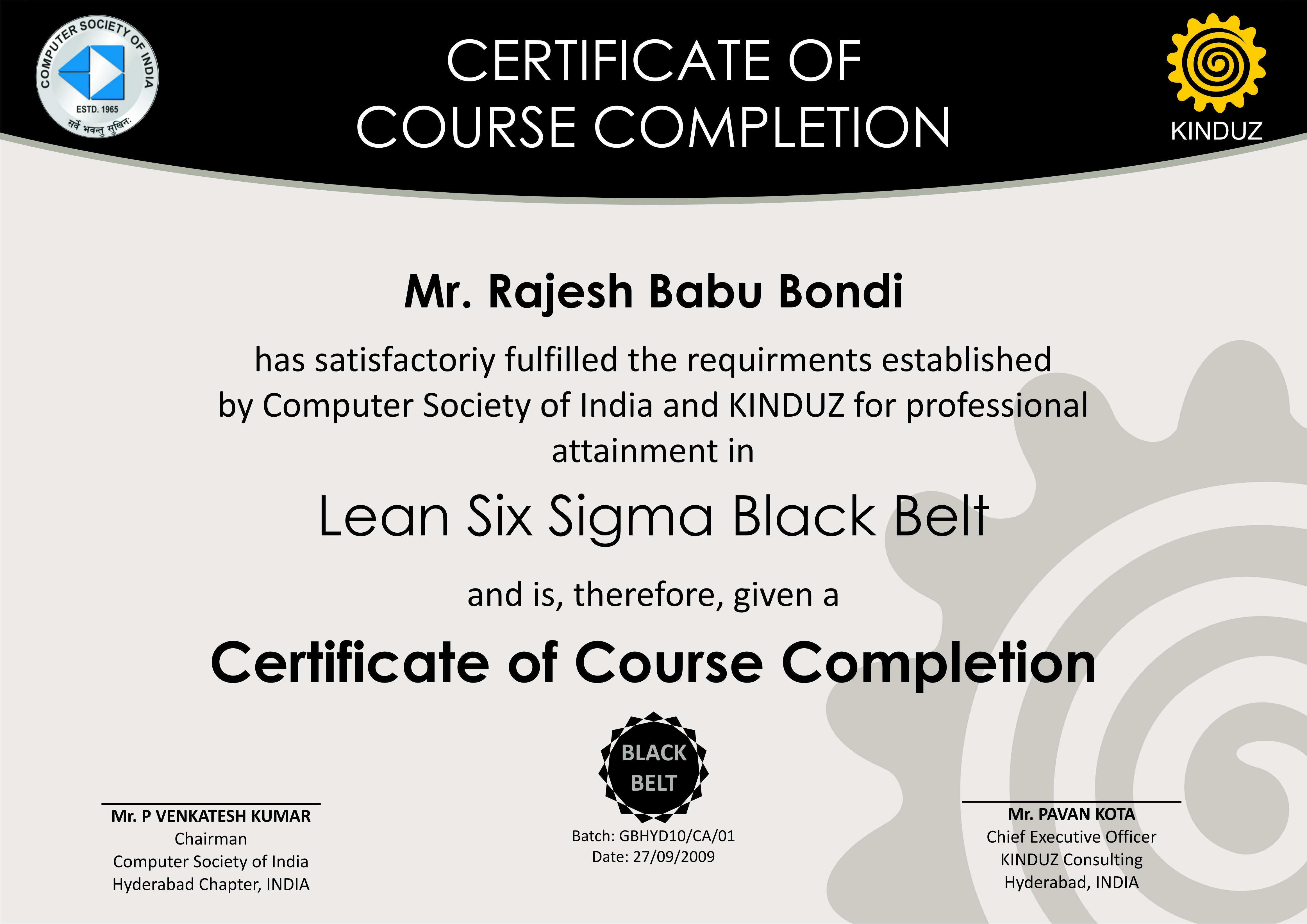 Sample Certificates Lean Six Sigma India Black Belt Certificate