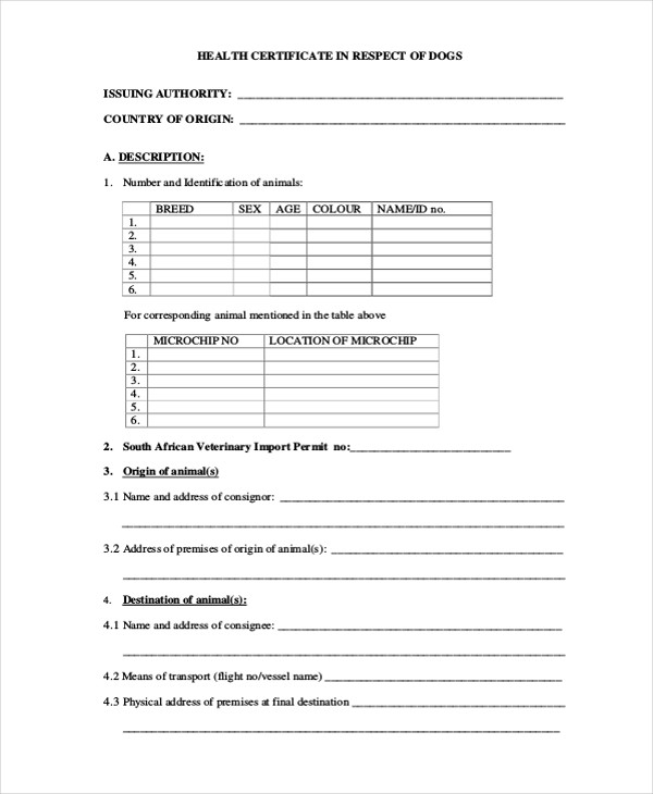 Sample Health Certificate Form 8 Free Documents In PDF Veterinary
