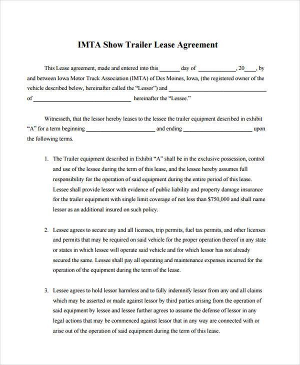 Sample Truck Lease Agreements 9 Free Documents In Word PDF Trailer Agreement Template