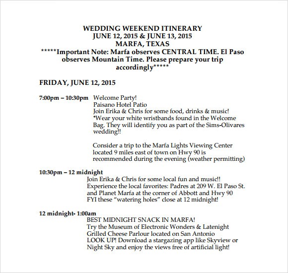 Sample Wedding Weekend Itinerary Template 12 Documents In PDF Schedule Word