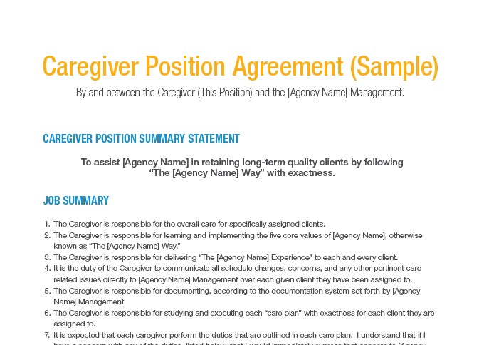 Sample Written Agreement For Paid Caregivers Caregiver Contract