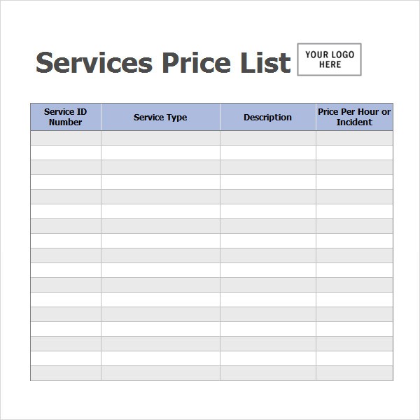 Service Price List Templates Free Printable