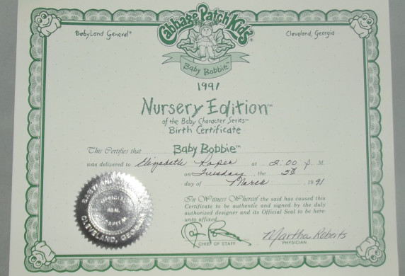 Signed 1991 Nursery Edition Baby Bobbie Cabbage Patch Doll W Both Kid Birth Certificate Template