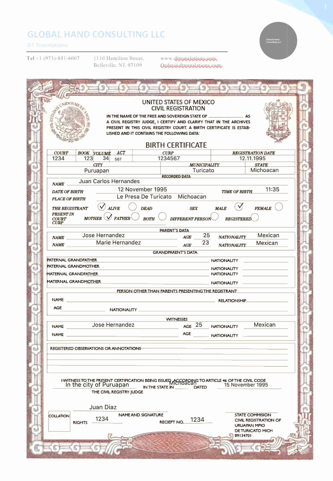 Simple Mexican Birth Certificate Translation Webarchiveorg Marriage