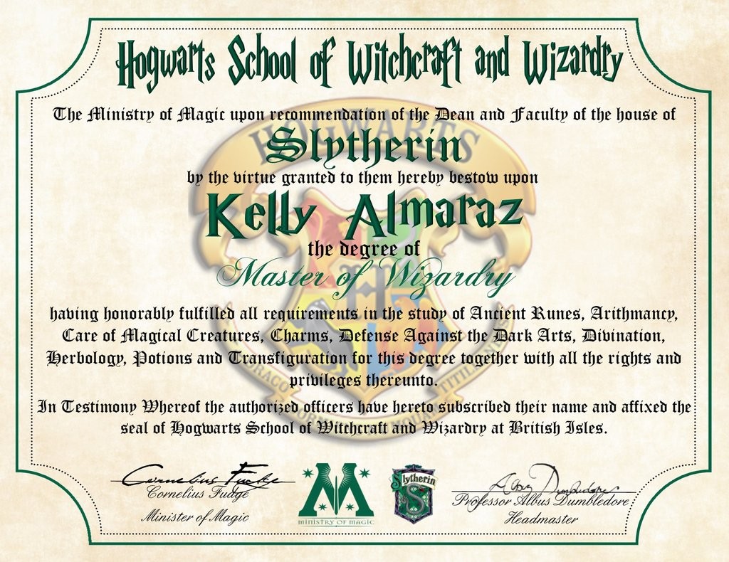 Slytherin Personalized Harry Potter Diploma Hogwarts School
