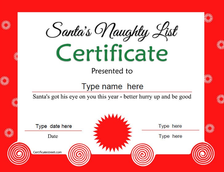 Special Certificates Santa S Naughty List Certificate Tempalte Template