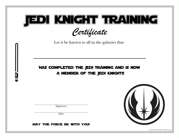 Star Wars Jedi Knight Certificate Free