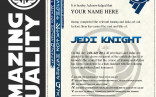 Star Wars JEDI KNIGHT Certificate Ubeliveable Quality With HOLOGRAM Jedi