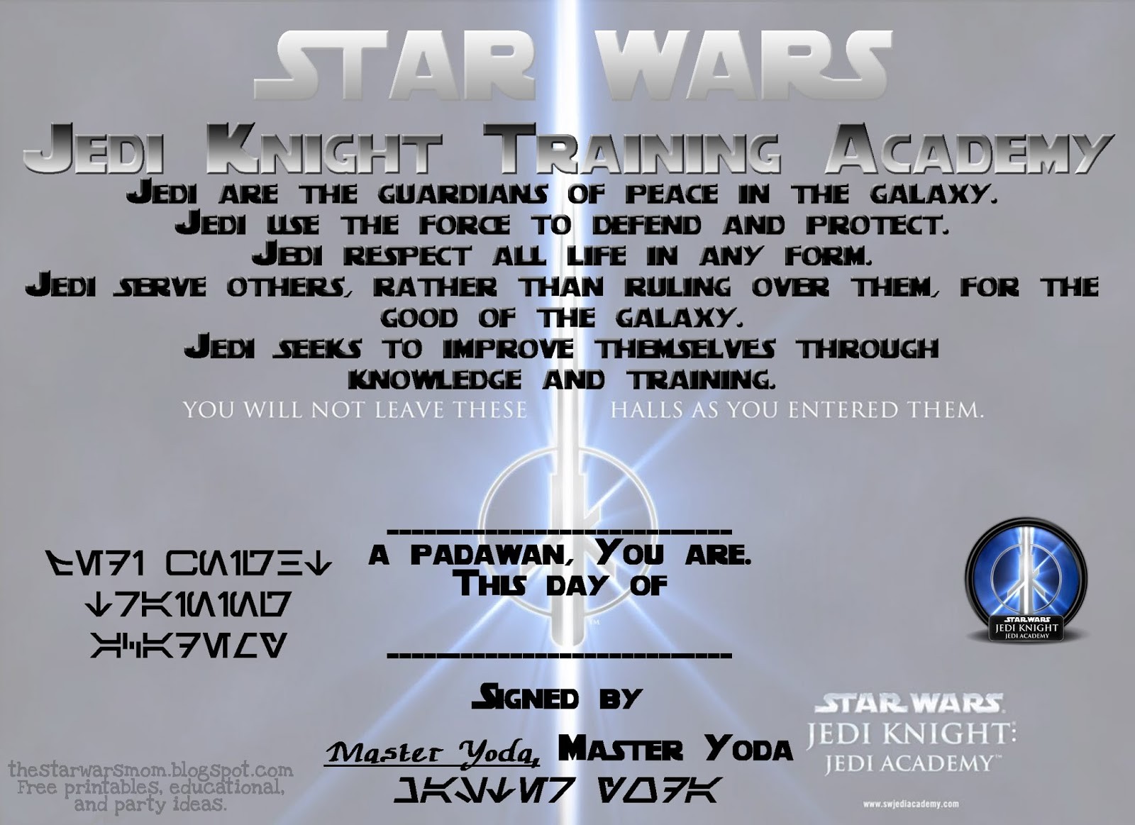 Star Wars Jedi Knight Training Academy Certificate Free