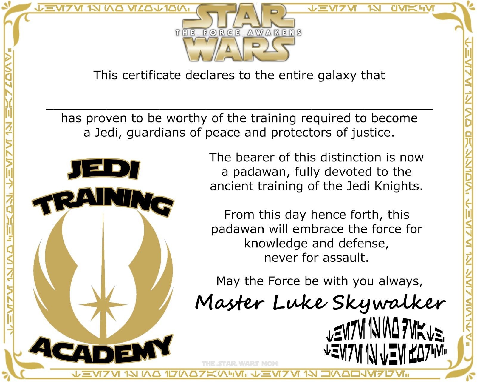 Star Wars Jedi Training Academy Certificate Free Printable
