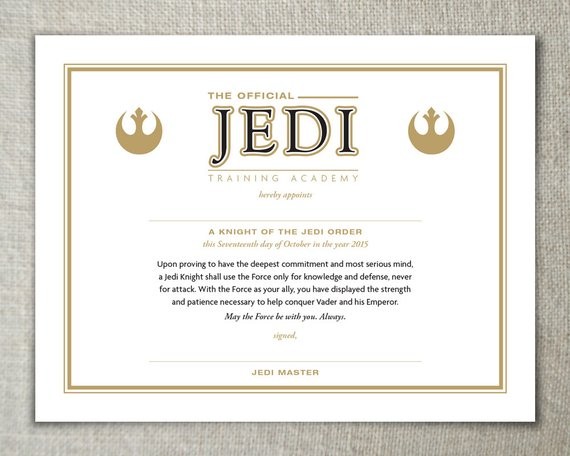 Star Wars Jedi Training Academy Certificate The Force Etsy