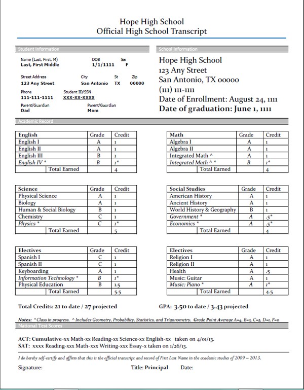 Subject Transcript Instead Of Yearly High School Day Template Download