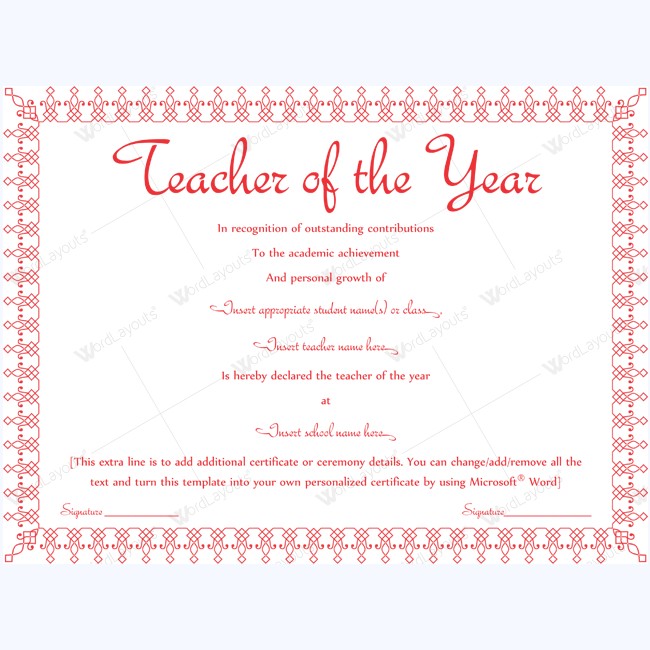 Teacher Of The Year 10 Award Certificate
