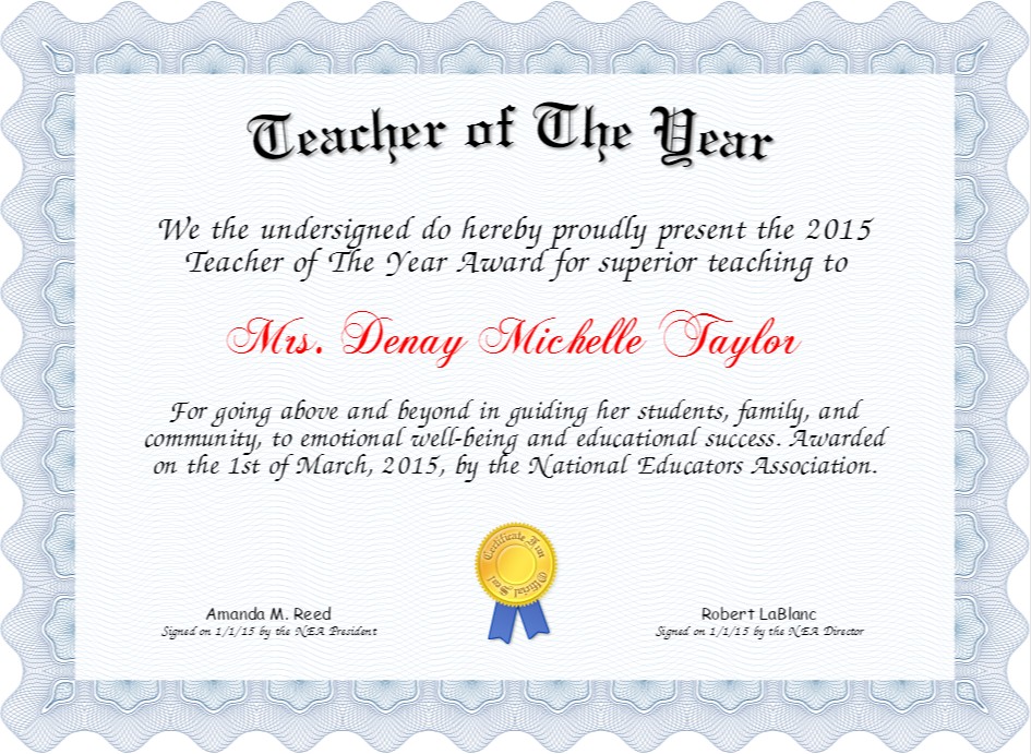 Teacher Of The Year Certificate Created With Certificatefun