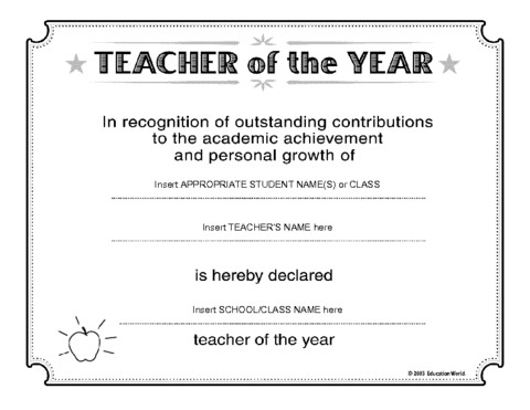 Teacher Of The Year Certificate Template Education World Award