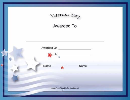 This Free Printable Veteran S Day Holiday Certificate Has A Blue Veterans Certificates