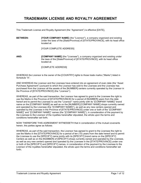 Trademark License And Royalty Agreement Template Sample Form