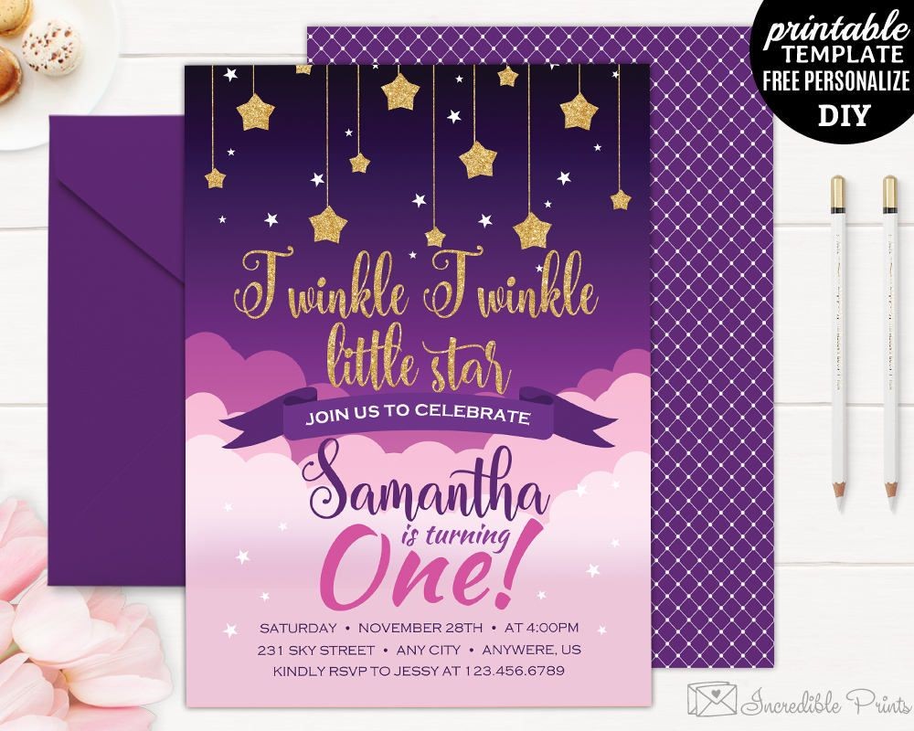 Twinkle Little Star Birthday Invitation Purple Pink And Gold Invite Template Free