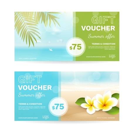 Vector Set Of Gift Vouchers With Beach Sea Palm Leaves Tropical Certificate