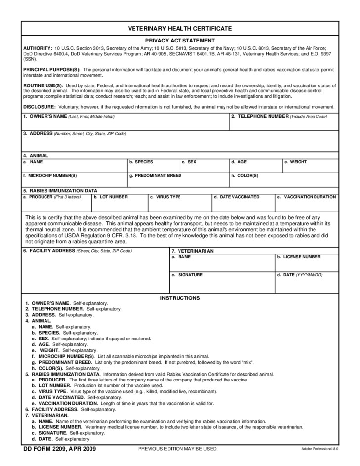 Veterinary Health Certificate Free Download Template