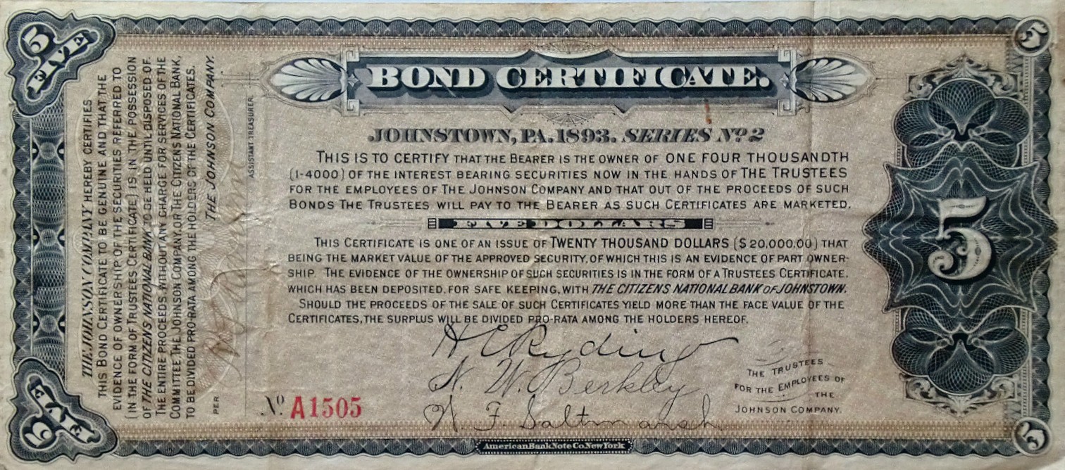 Vintage Johnstown 1893 Bond Certificate Template