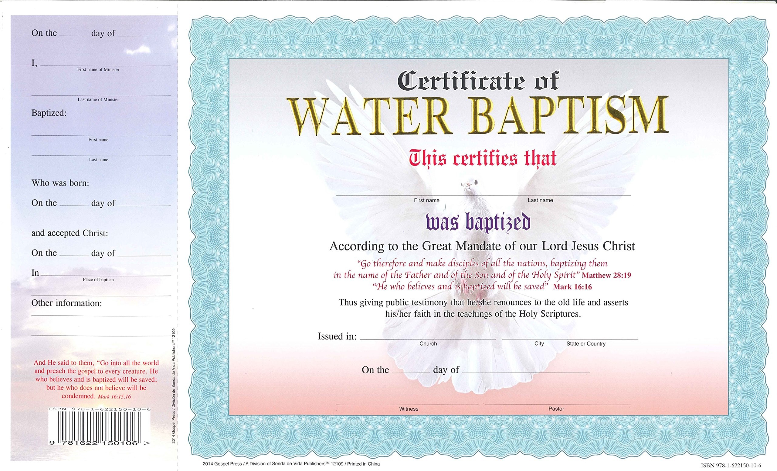 WATER BAPTISM CERTIFICATE Senda De Vida 9781622150120 Amazon Com Water Baptism