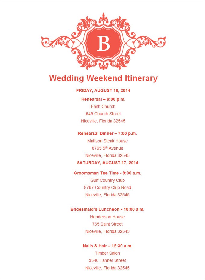 Wedding Itinerary Template Bravebtr Schedule