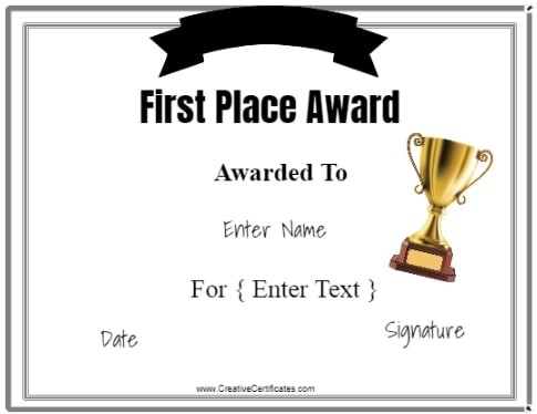 Winner Certificate Customize Online Print At Home No Registration First Place Award