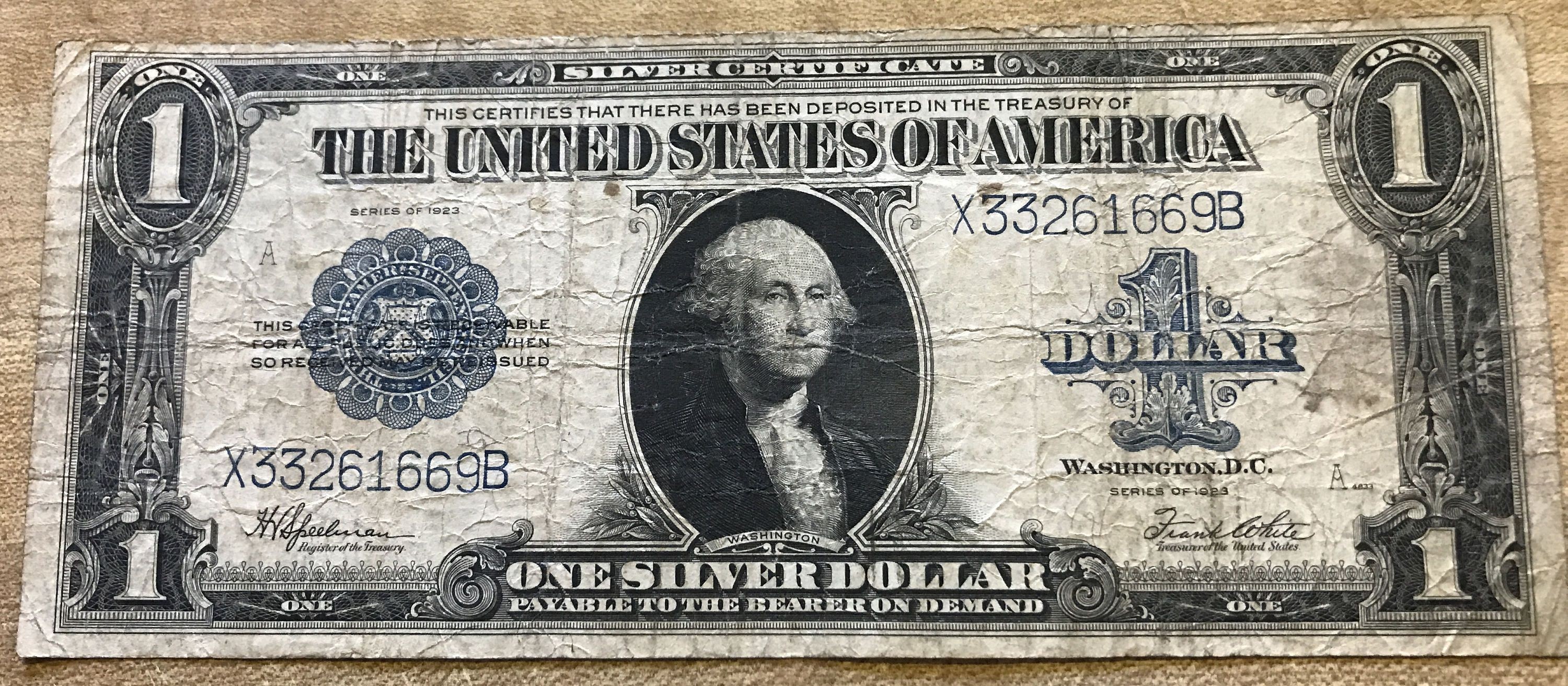 1923 United States Silver Certificate One Dollar Blue Seal Large