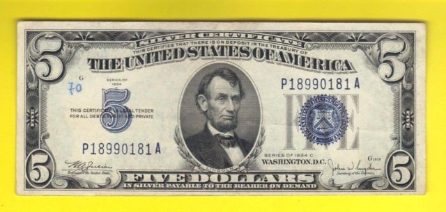 1934 Five Dollar Bill Blue Seal Silver Certificate Note Old Vintage