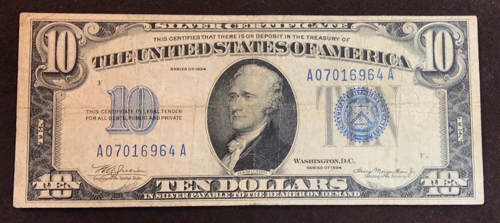1934 TEN DOLLAR Bill 10 Blue Seal Silver Certificate Currency