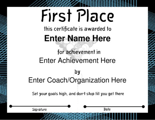 1st Place Certificate Template First Award