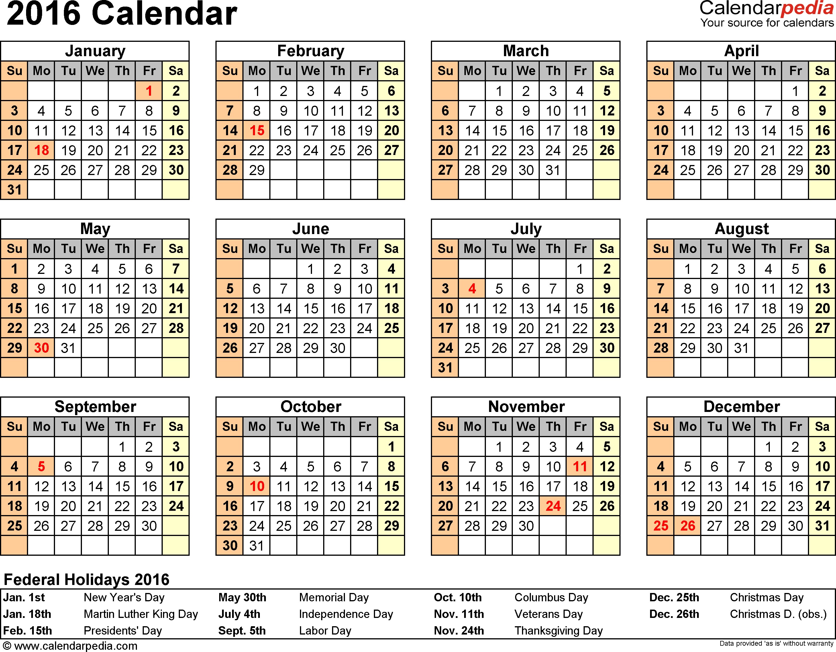 2016 Calendar 16 Free Printable Word Templates