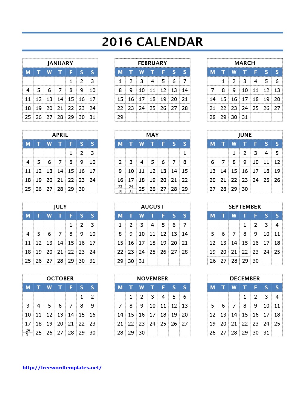 2016 Calendar Templates Free