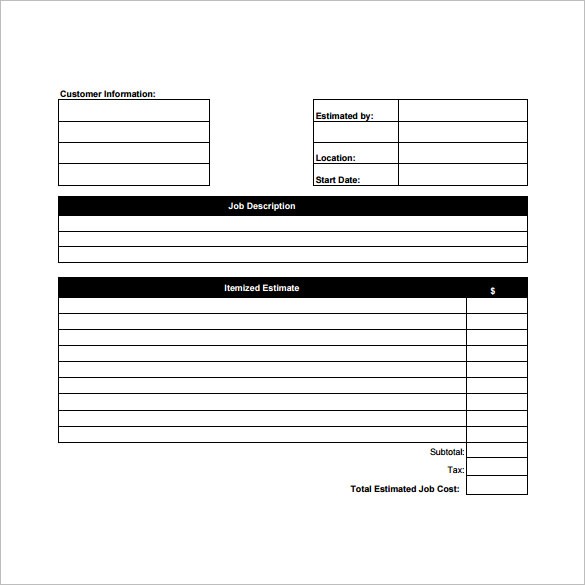26 Blank Estimate Templates PDF DOC Excel ODT Free Premium Job Sheet