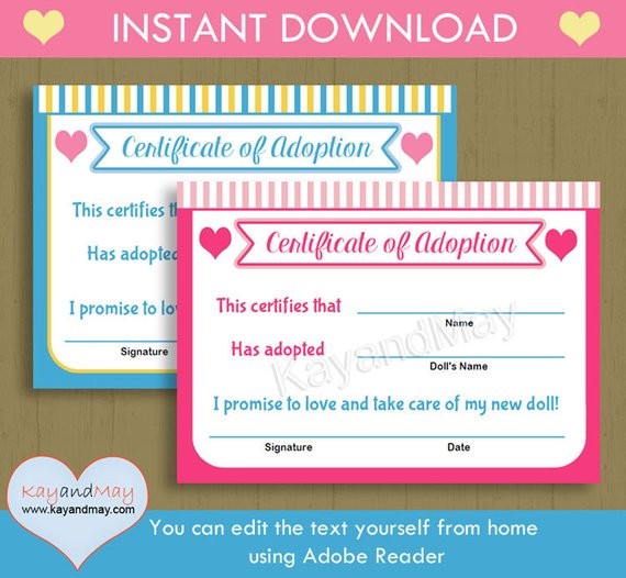 Adoption Certificate For Baby Doll Stuffed Animal Pet And More Etsy Template Free
