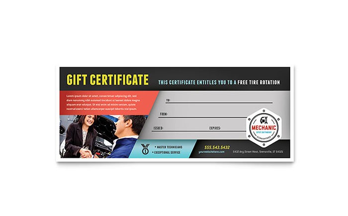 Auto Mechanic Gift Certificate Template Design Automotive